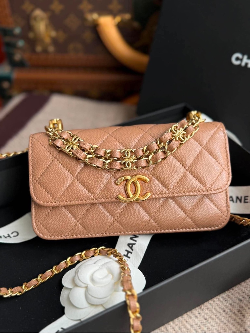 Chanel Coco First Phone Holder Dark Beige Caviar Gold Hardware 22K - Picture 6 of 12